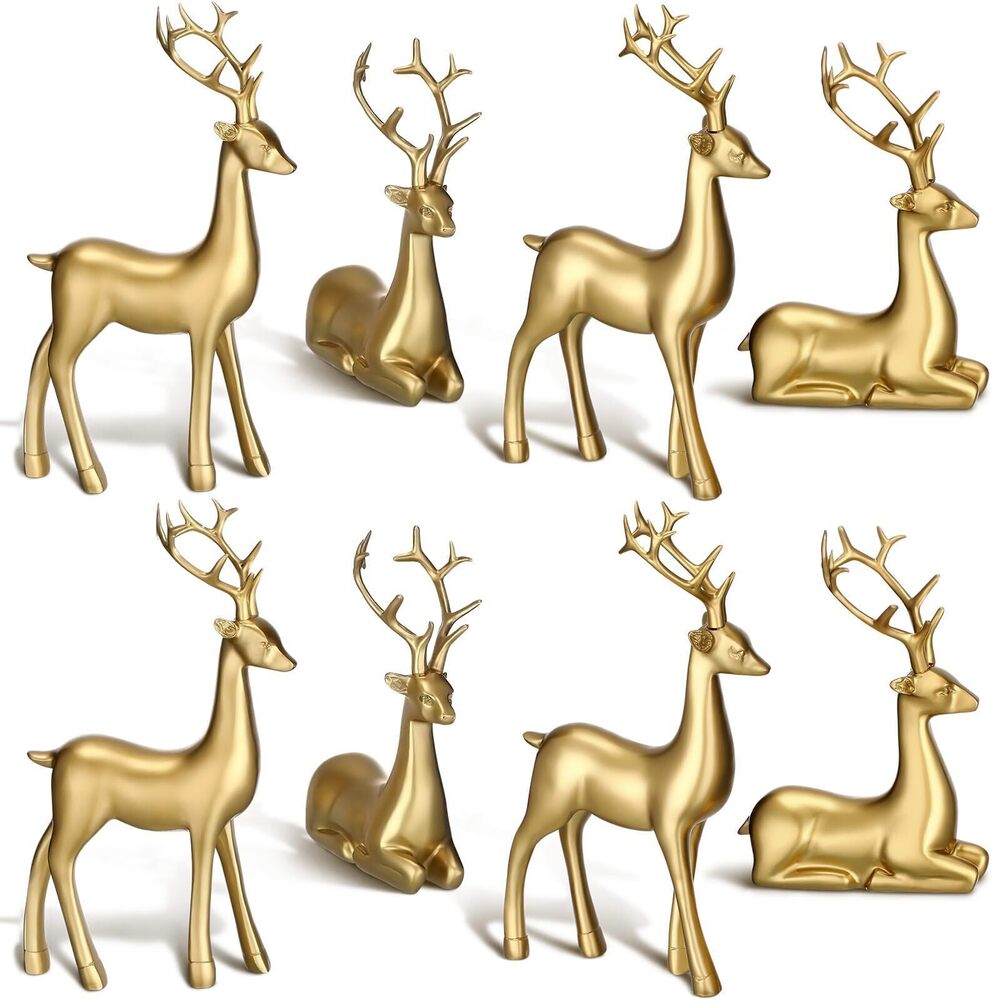 7029 8 Pcs Christmas Reindeer Figurines Gold Deer Christmas Decor Xmas